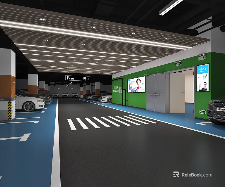 Indoor Parking Lot With Green Walls Blue Black Flooring White Lines Crosswalk And Parked Cars 3d model 