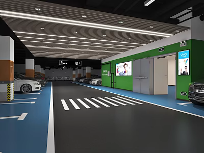 Indoor Parking Lot With Green Walls Blue Black Flooring White Lines Crosswalk And Parked Cars 3d model
