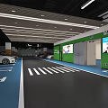 Indoor Parking Lot With Green Walls Blue Black Flooring White Lines Crosswalk And Parked Cars