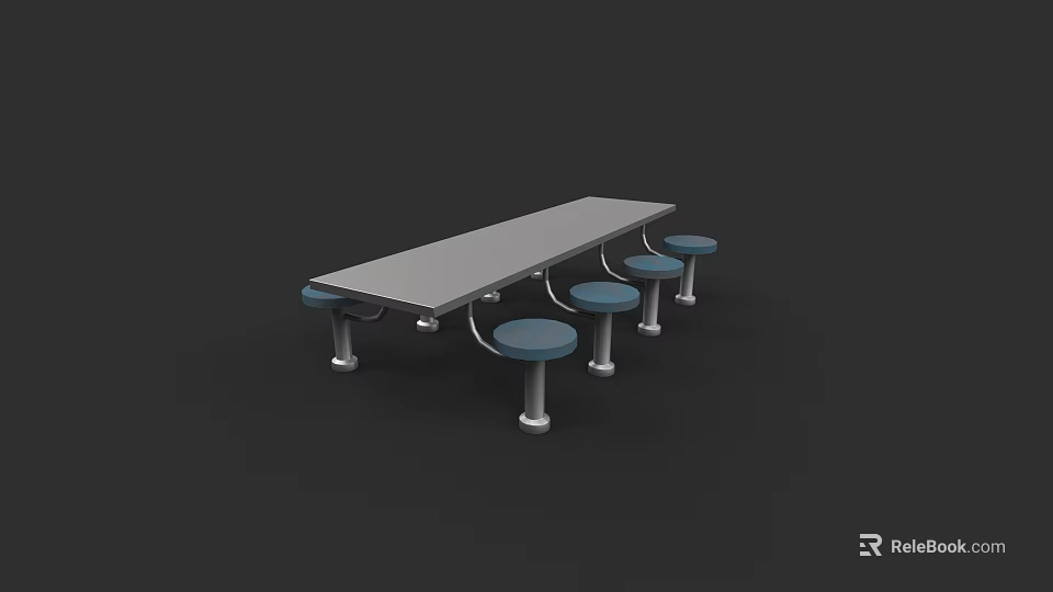 Simple Rectangular Dining Table Set With Gray Tabletop And Blue Round Stools 3d model