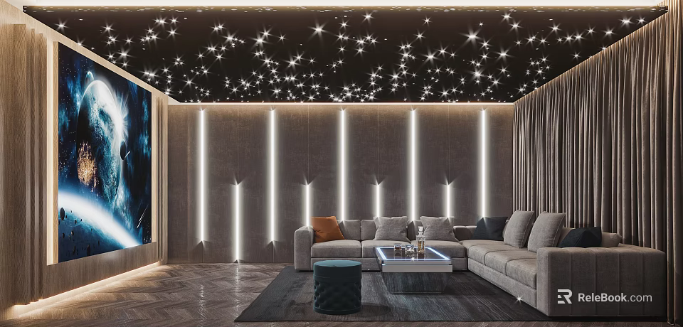 Home Theater Room With Starry Ceiling Vertical LED Strips L Shaped Sofa And Large Screen 3d model