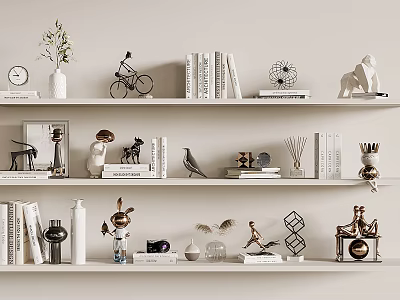 Stylish Decorative Ornament Set with Books Sculptures and Animal Figurines on Display Shelves 3d model