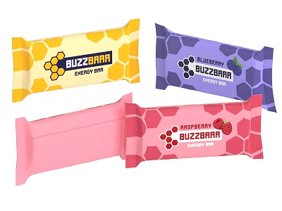 Buzzara Energy Bars With Blueberry Raspberry And Honeycomb Pattern Packaging 3d model