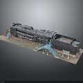 Black Steam Train Model With Blue Staircase And Platform On Display Base