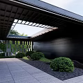 Modern Sales Office Building With Geometric Facade And Water Reflections In Landscaped Area