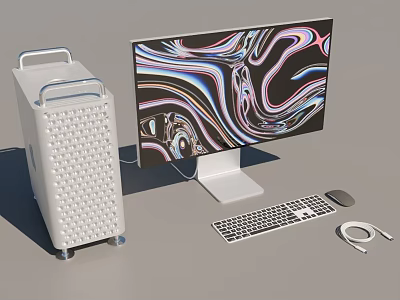 Modern White Mesh Desktop Computer With Colorful Monitor Keyboard And Mouse 3d model