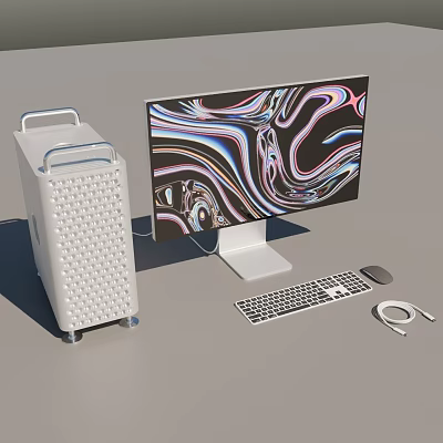 Modern White Mesh Desktop Computer With Colorful Monitor Keyboard And Mouse 3d model