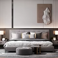 Modern Minimalist Bedroom Featuring Large Gray Bed Nightstands Lamps Decorative Painting Round Ottoman And Rug