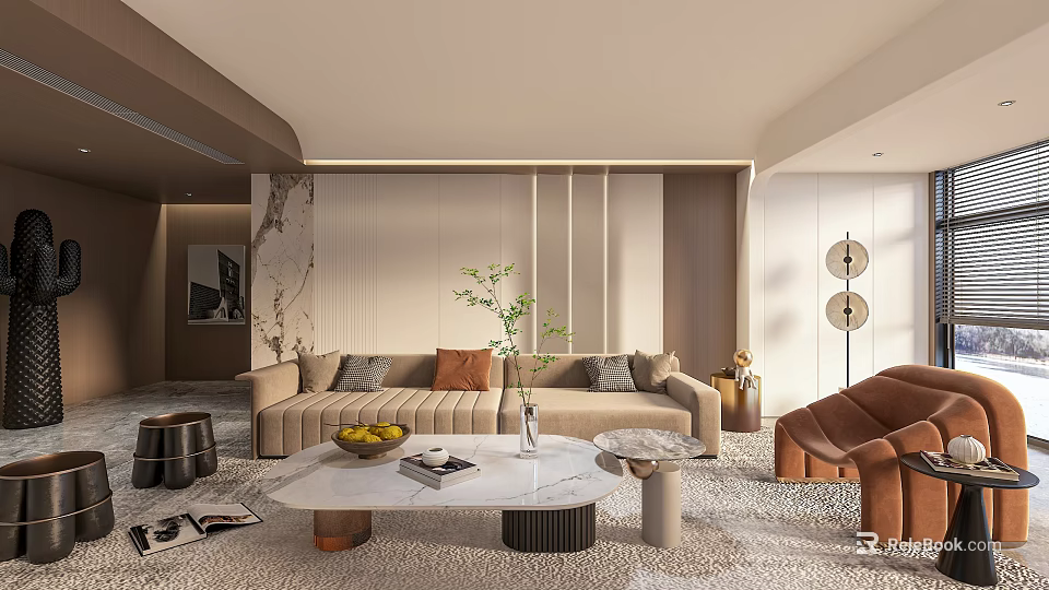Modern Living Room Interior With Beige Sofa Brown Armchair Marble Coffee Table And Green Plant 3d model 