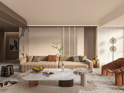 Modern Living Room Interior With Beige Sofa Brown Armchair Marble Coffee Table And Green Plant 3d model