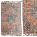 Traditional Square Rug Featuring Geometric Patterns Orange Grey Blue Tones Vintage Design