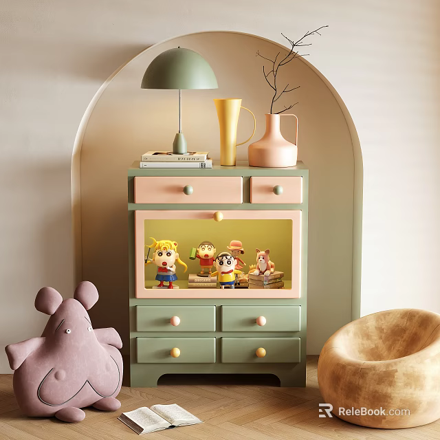 Green And Pink Figurine Cabinet With Stuffed Toys Lamp And Arched Background 3d model 