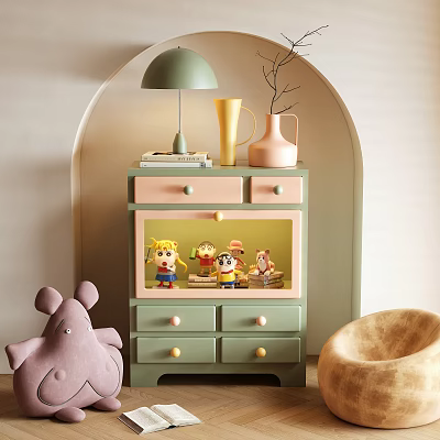 Green And Pink Figurine Cabinet With Stuffed Toys Lamp And Arched Background 3d model