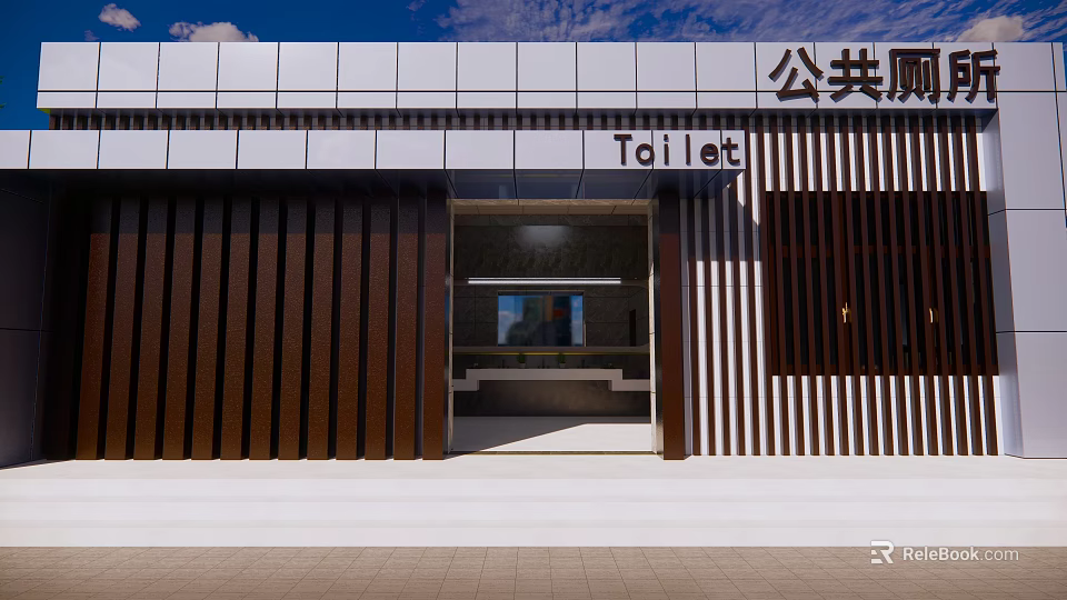 Modern Public Toilet Exterior With Wooden Panels And Glass Entrance Design 3d model 