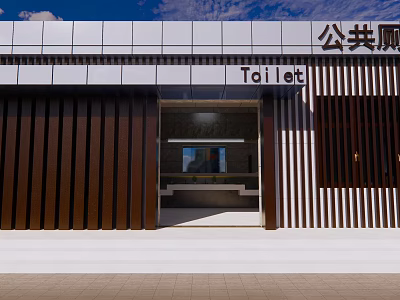 Modern Public Toilet Exterior With Wooden Panels And Glass Entrance Design 3d model