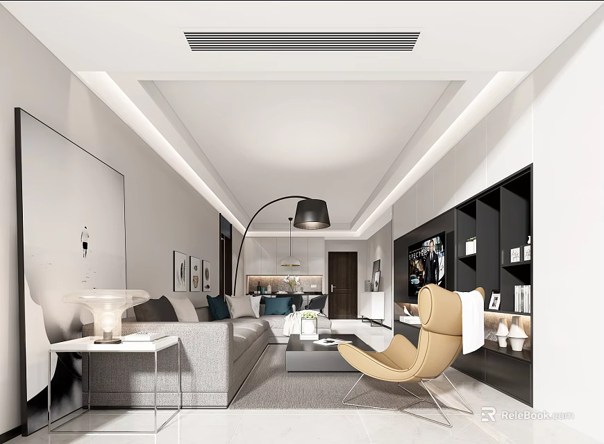 Modern Living Room Interior With Grey Sofa Yellow Accent Chair Floor Lamp And Decorative Painting 3d model 