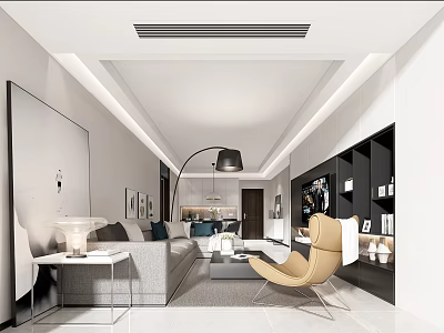 Modern Living Room Interior With Grey Sofa Yellow Accent Chair Floor Lamp And Decorative Painting 3d model