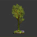 Cartoon Scene With Green Leafy Tree Trunk Mushrooms Stones And Flowers