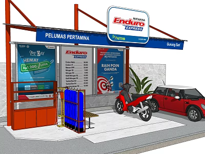 Enviro Service Station With PELUMAS FERTAMA Signboard Motorcycle And Red Car 3d model