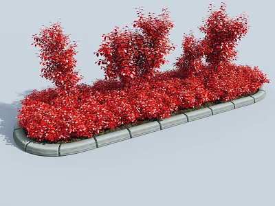 Roadside Greenery Facilities With Concrete Curb And Red Ornamental Shrubs 3d model