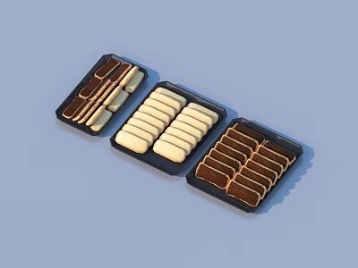Assorted Cookies Display With White And Brown Varieties In Black Trays 3d model