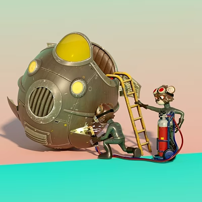 Small Pilot Suited Figures Working On Metallic Helmet Like Structure With Yellow Ladder Oxygen Tank 3d model