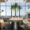 Modern Cafe Interior With Large Windows Green Plants Long Wooden Table And City View