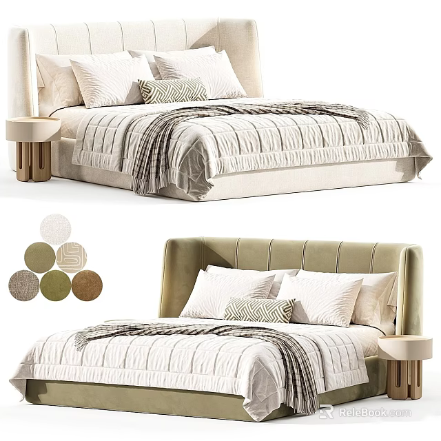 Double Bed With Upholstered Headboard Soft Blanket Pillows And Color Options 3d model 
