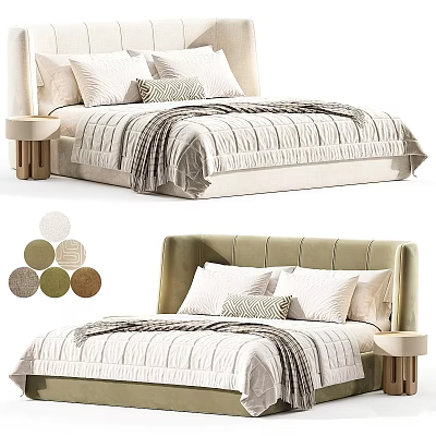 Double Bed With Upholstered Headboard Soft Blanket Pillows And Color Options 3d model