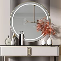 Elegant Modern Dressing Table with Round Mirror Red Flowers Vase Perfume Bottles and Stool