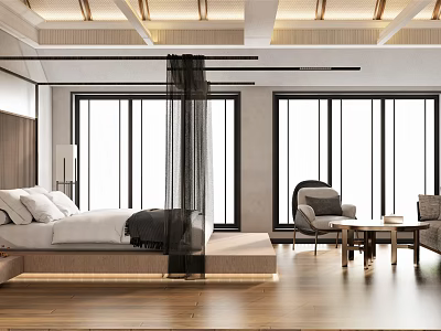 Modern Bedroom Interior Design With Platform Bed Large Windows And Wooden Flooring 3d model