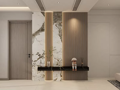 Elegant Foyer Hallway Interior With Marble Wall Wooden Slats And Black Shelf Decorative Items 3d model