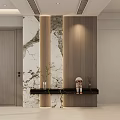 Elegant Foyer Hallway Interior With Marble Wall Wooden Slats And Black Shelf Decorative Items