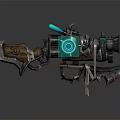 Futuristic Mechanical Weapon With Glowing Blue Components And Metal Wooden Structure