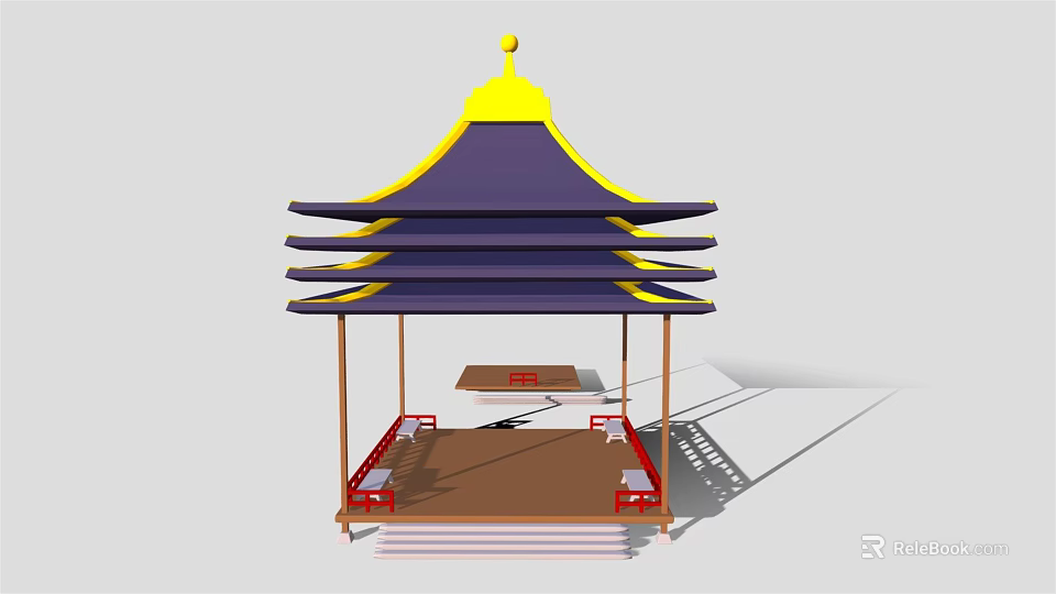 Cartoon Style Traditional Pagoda Scene With Multi Tiered Blue Roof Yellow Top And Red Railings 3d model 