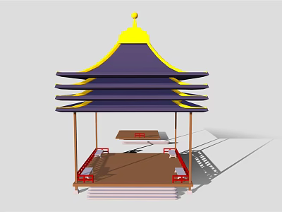 Cartoon Style Traditional Pagoda Scene With Multi Tiered Blue Roof Yellow Top And Red Railings 3d model