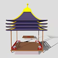 Cartoon Style Traditional Pagoda Scene With Multi Tiered Blue Roof Yellow Top And Red Railings