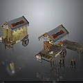 Wooden Market Vendor Carts With Yellow White Striped Awnings Red Decorations Fruit Displays And Stools