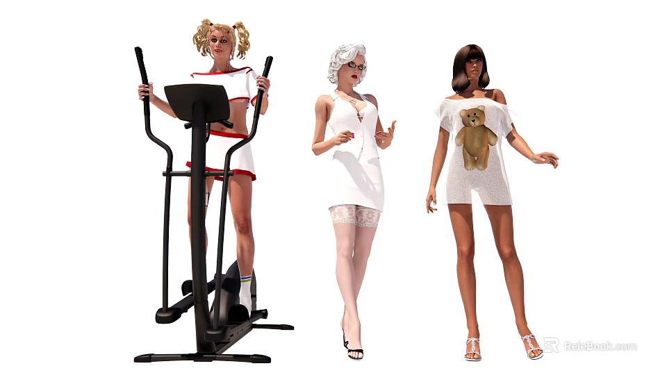 Multiple People Using Elliptical Trainer Wearing White Dress And Bear Print T Shirt 3d model 
