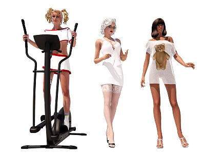 Multiple People Using Elliptical Trainer Wearing White Dress And Bear Print T Shirt 3d model