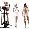 Multiple People Using Elliptical Trainer Wearing White Dress And Bear Print T Shirt