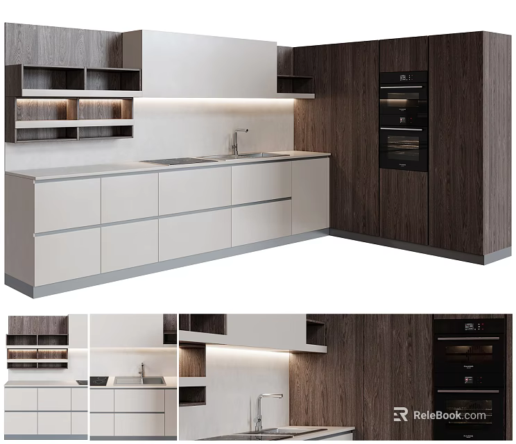 Modern Kitchen Cabinets With Light Countertop Sink And Dark Wood Oven Appliances 3d model 