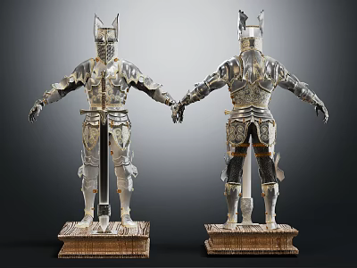 Historical Medieval Armor Clothing Front And Back Display With Intricate Metal Design On Stands 3d model