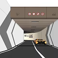 Modern Parking Garage Entrance Featuring Yellow Sports Car Wooden Ceiling Geometric Walls and Welcome Sign