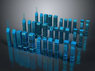 Cartoon Cityscape Scene With Blue Tall Skyscrapers And Shiny Reflective Buildings 3d model