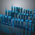 Cartoon Cityscape Scene With Blue Tall Skyscrapers And Shiny Reflective Buildings
