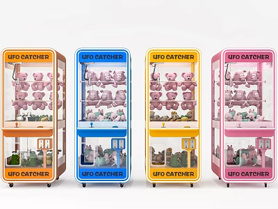 Colorful UFO Catcher Claw Machines Filled With Pink Plush Toys For Fun 3d model