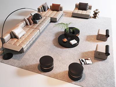 Modern Sofa and Coffee Table Set in Living Room with Decorative Pillows and Green Plant 3d model