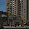 Modern Commercial Street with Tall Buildings Modern Architecture Pedestrians and Greenery