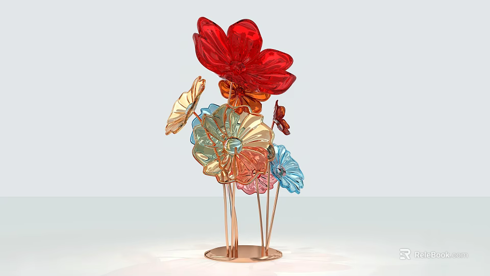 Colorful Flower Shaped Decorative Ornament Set With Glass Petals And Copper Metal Base 3d model 